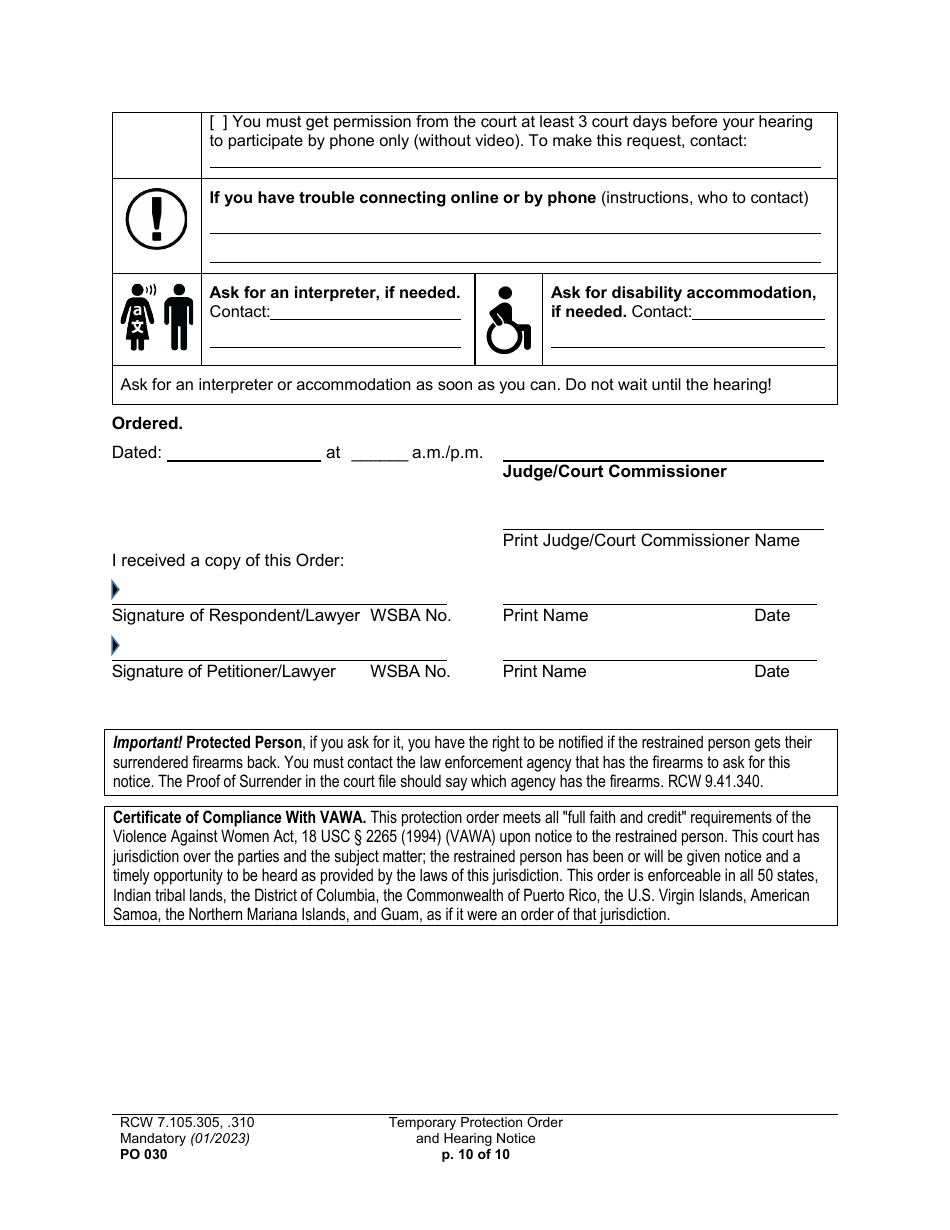 Form PO030 Temporary Protection Order and Hearing Notice - Washington, Page 10