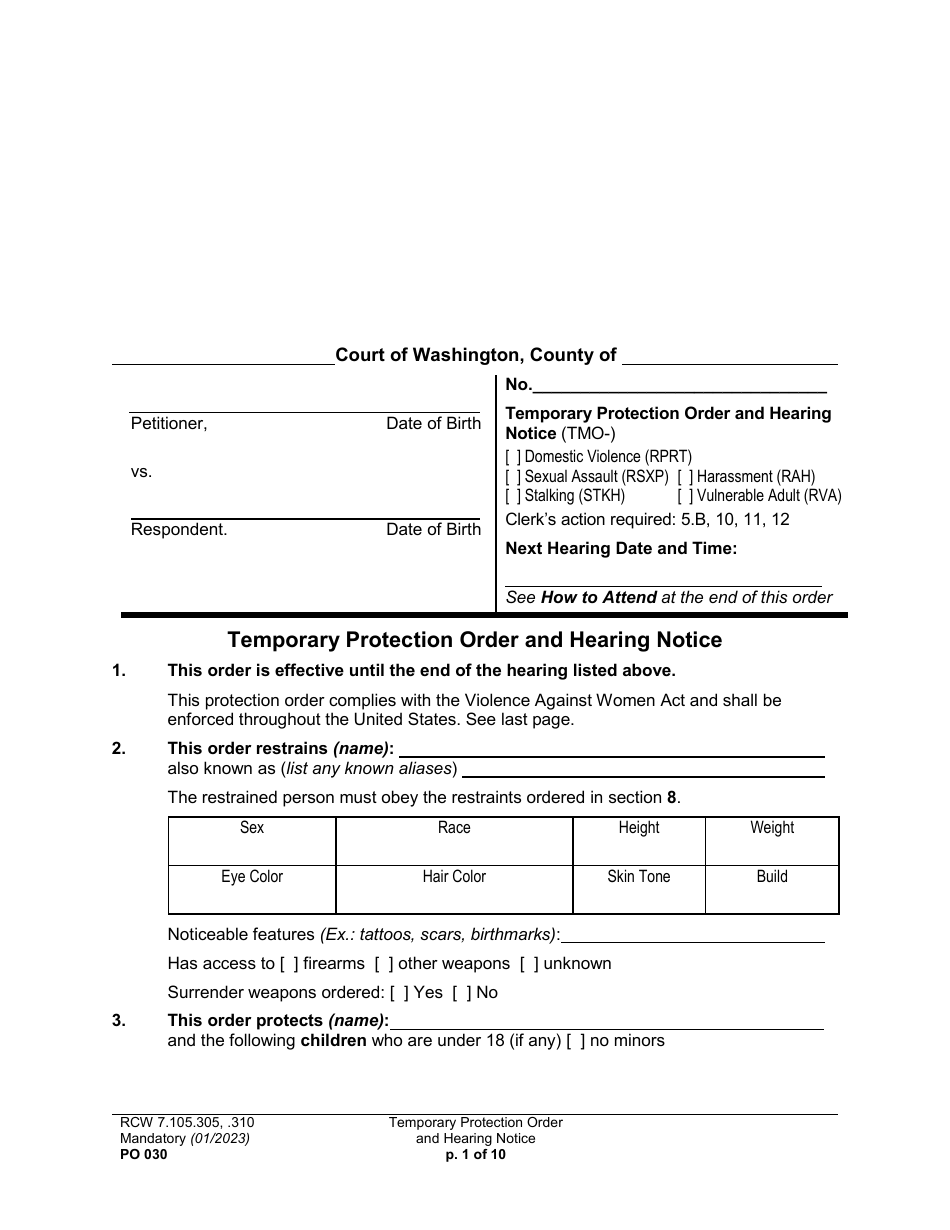 Form PO030 Temporary Protection Order and Hearing Notice - Washington, Page 1