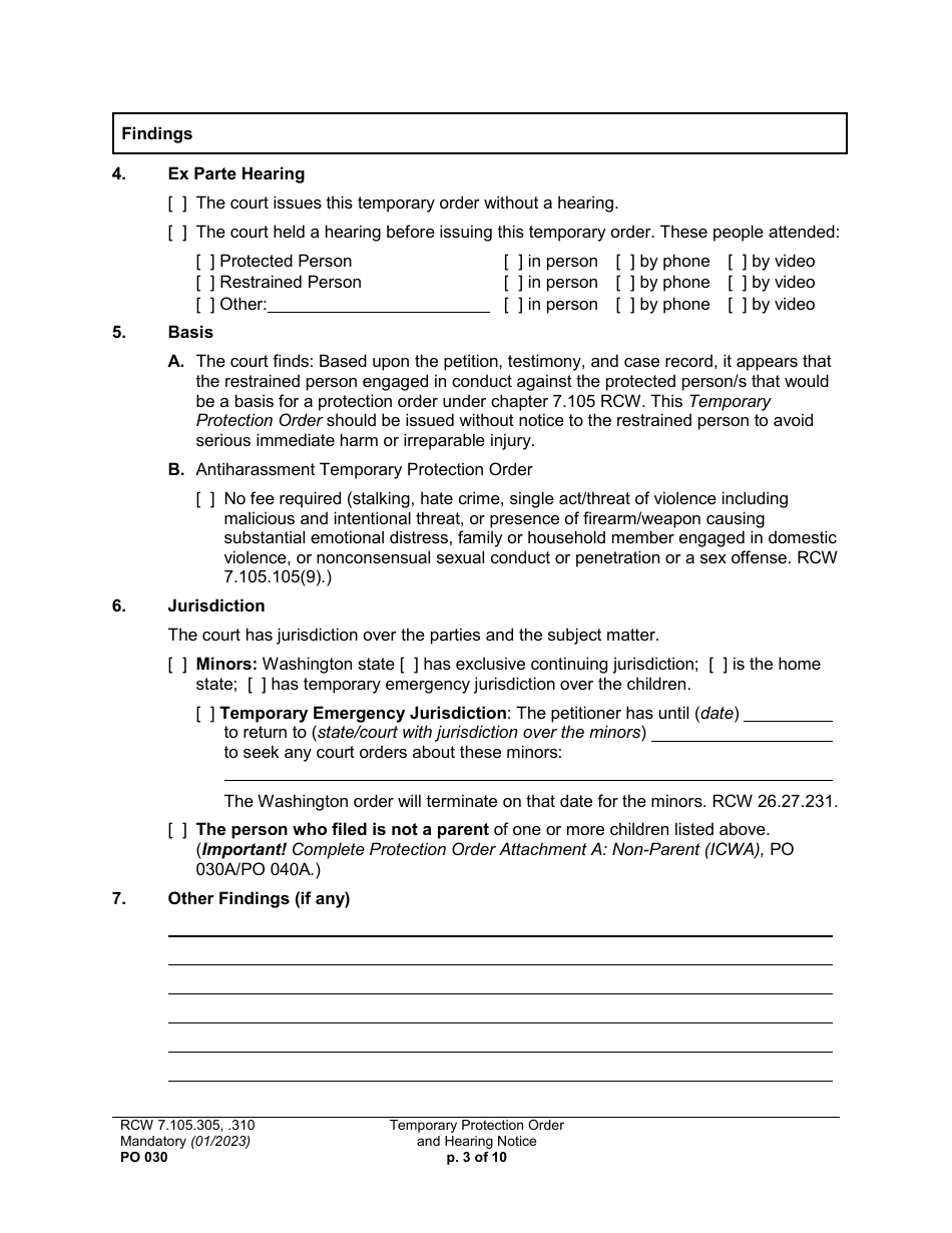 Form PO030 Temporary Protection Order and Hearing Notice - Washington, Page 3