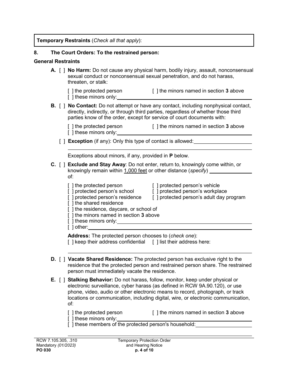 Form PO030 Temporary Protection Order and Hearing Notice - Washington, Page 4