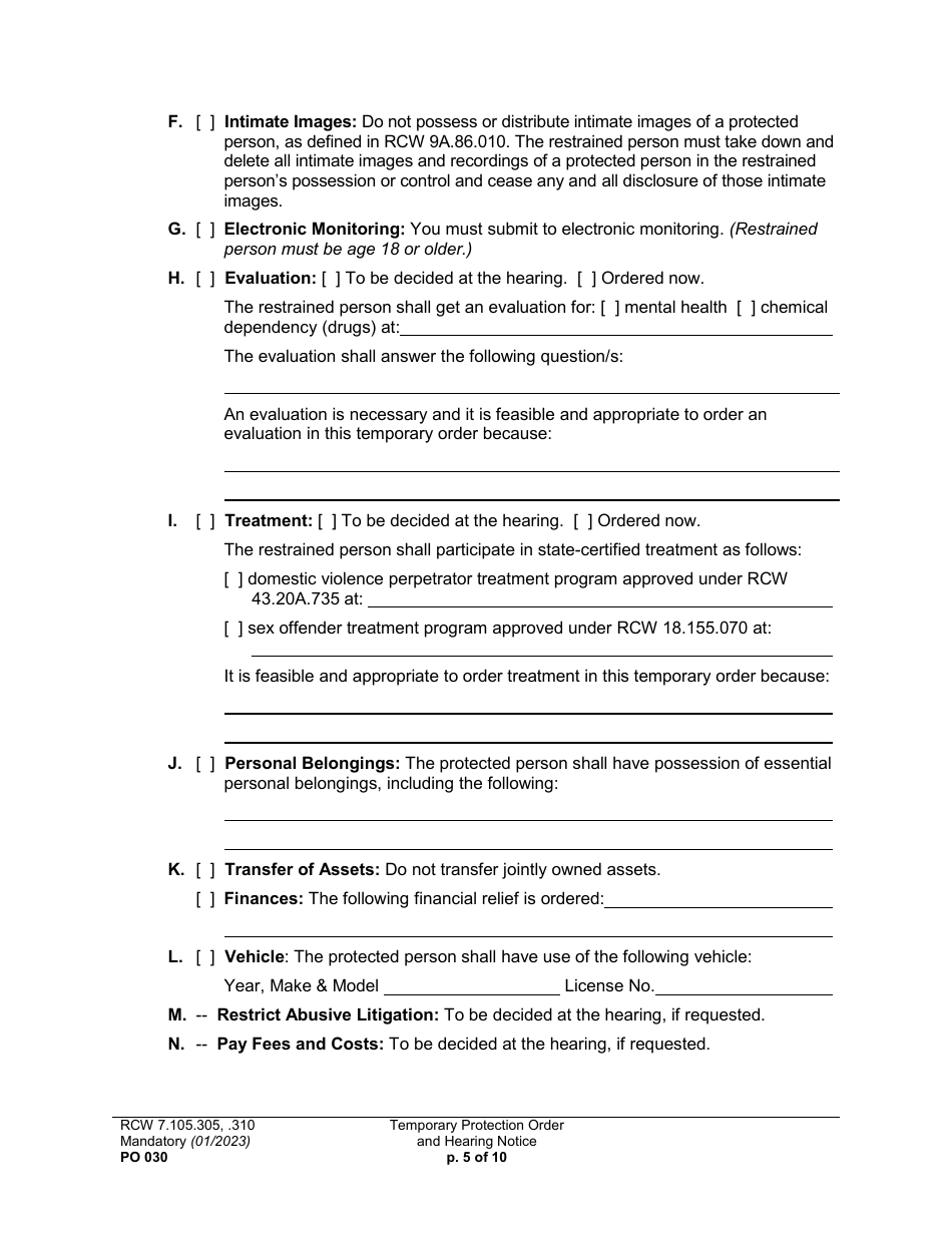 Form PO030 Temporary Protection Order and Hearing Notice - Washington, Page 5