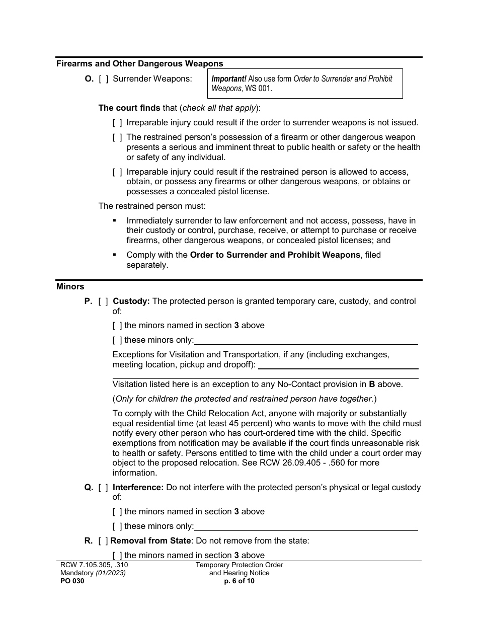 Form PO030 Temporary Protection Order and Hearing Notice - Washington, Page 6