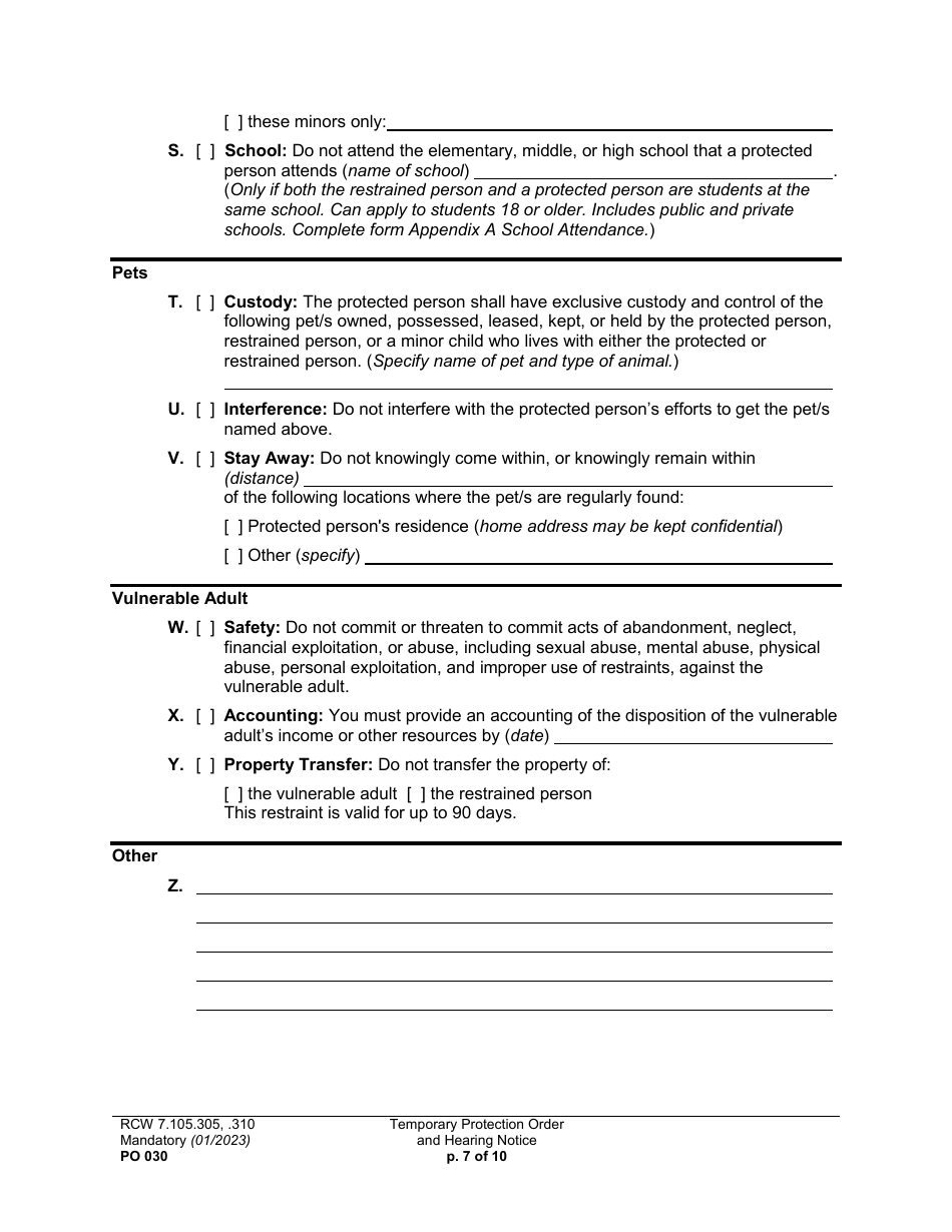 Form PO030 Temporary Protection Order and Hearing Notice - Washington, Page 7