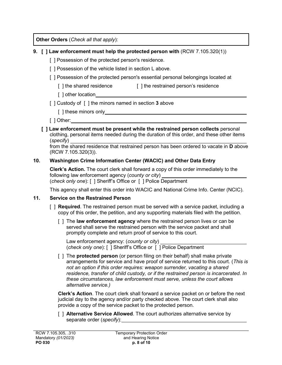Form PO030 Temporary Protection Order and Hearing Notice - Washington, Page 8