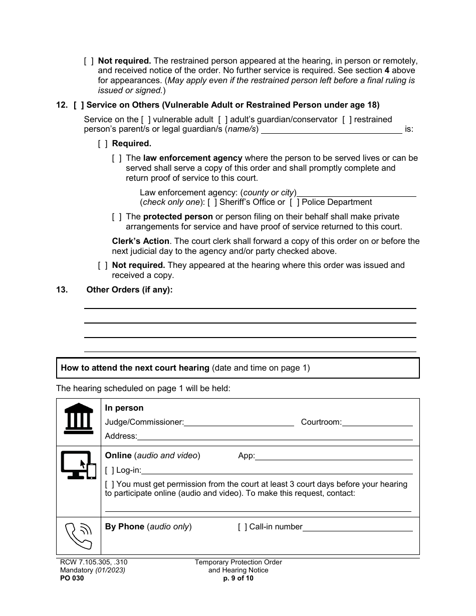 Form PO030 Temporary Protection Order and Hearing Notice - Washington, Page 9