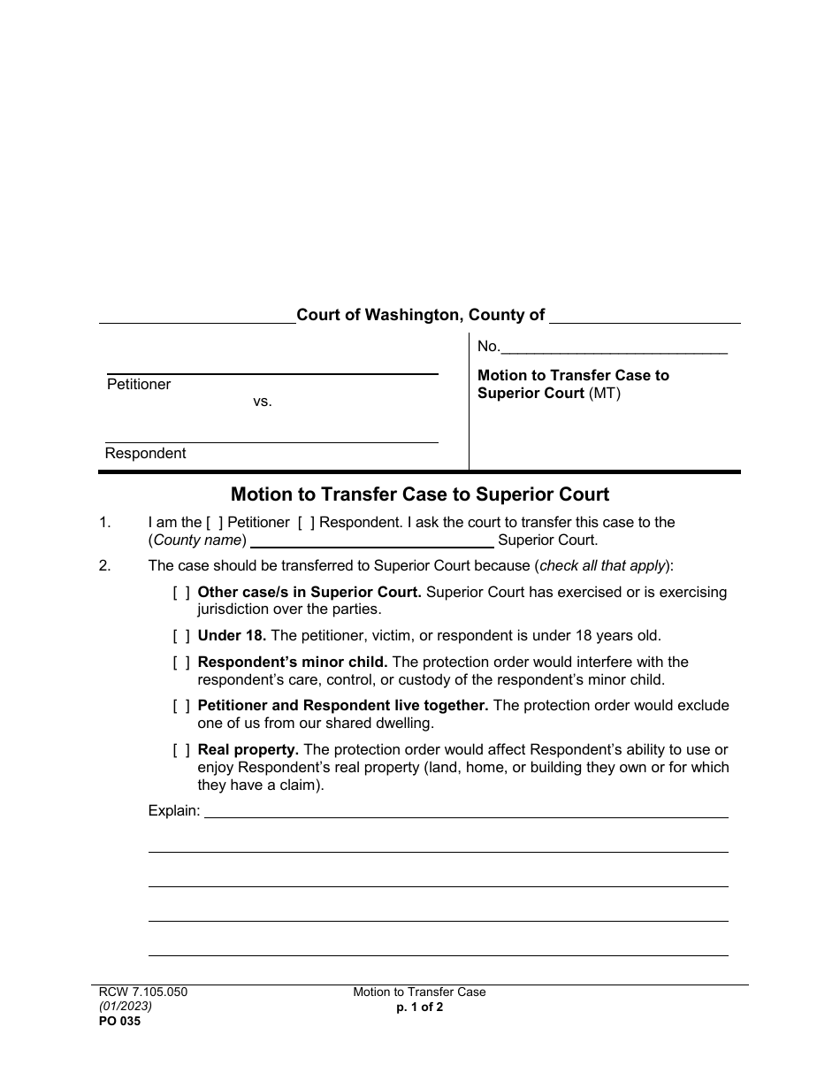 Form PO035 Motion to Transfer Case to Superior Court - Washington, Page 1