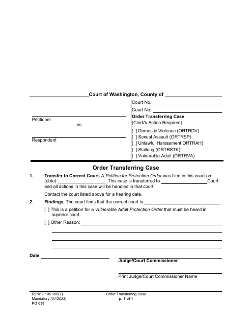 Form PO038 Order Transferring Case - Washington