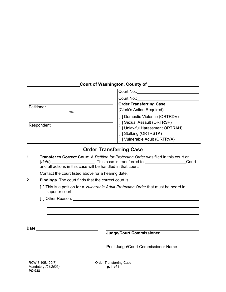Form PO038 Order Transferring Case - Washington, Page 1