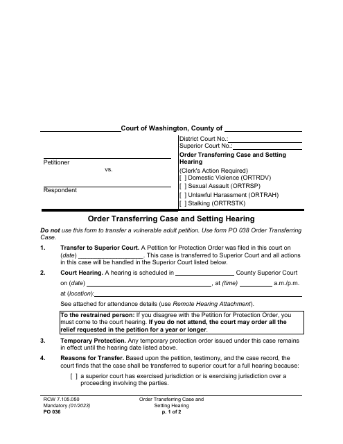 Form PO036 Order Transferring Case and Setting Hearing - Washington