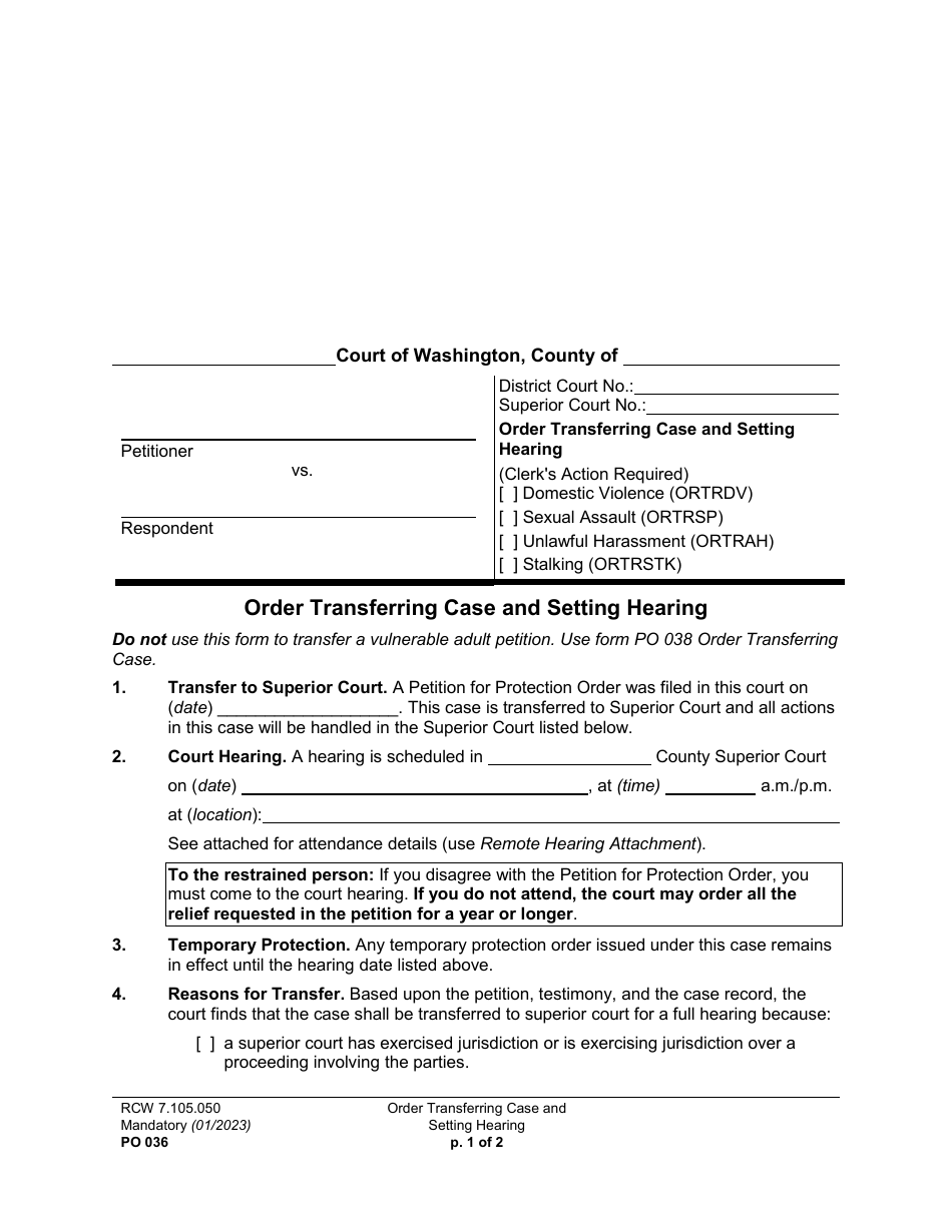 Form PO036 Order Transferring Case and Setting Hearing - Washington, Page 1