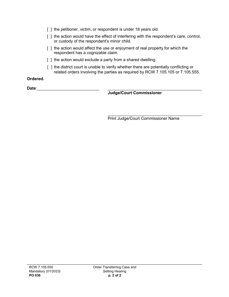 Form PO036 Order Transferring Case and Setting Hearing - Washington, Page 2