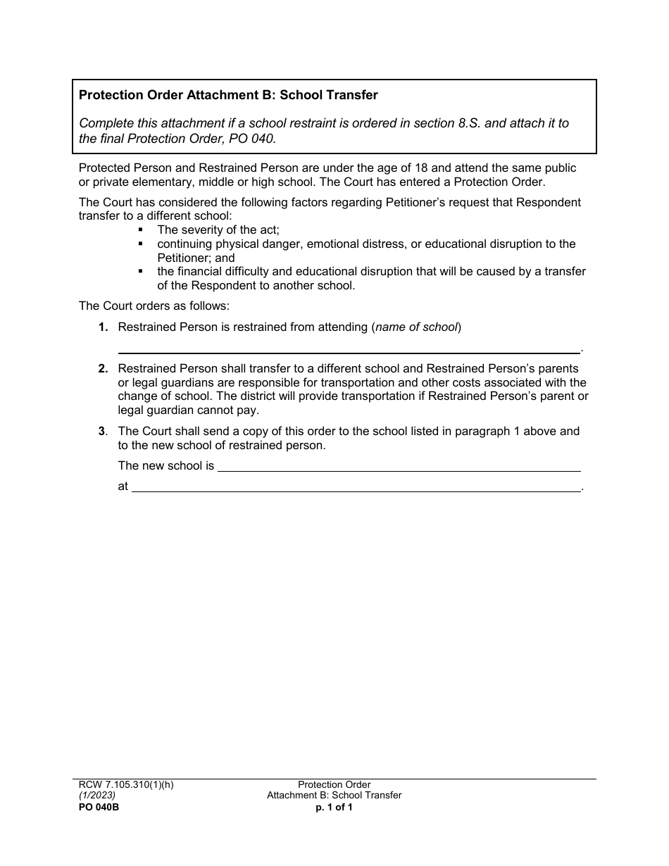Form PO040B Attachment B School Transfer - Washington, Page 1