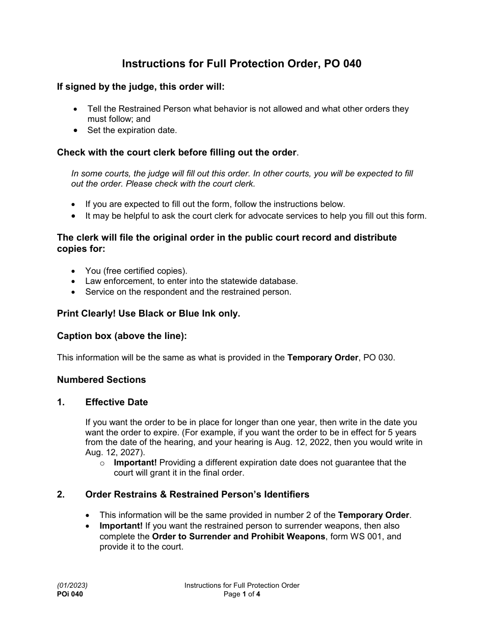 Instructions for Form PO040 Protection Order - Washington, Page 1