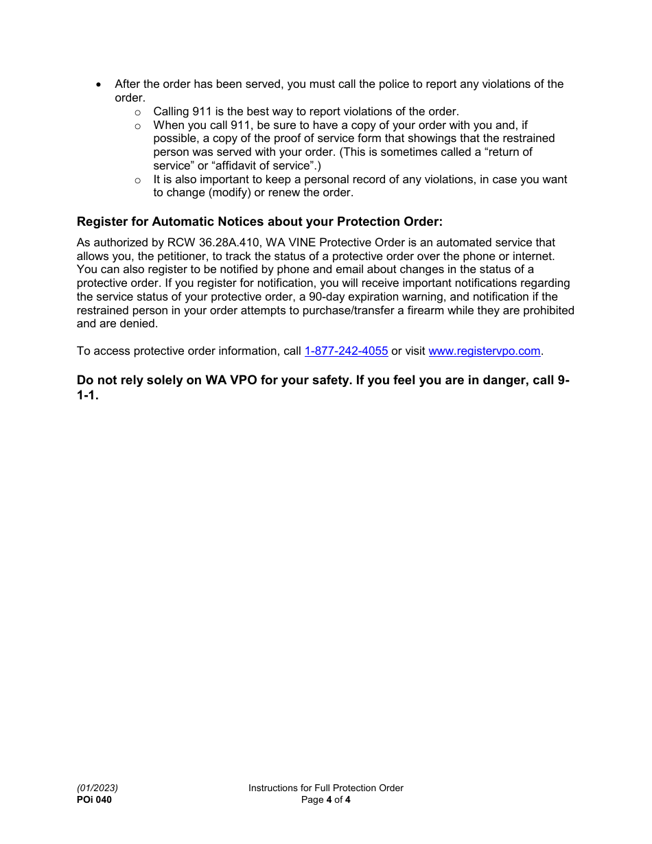 Instructions for Form PO040 Protection Order - Washington, Page 4