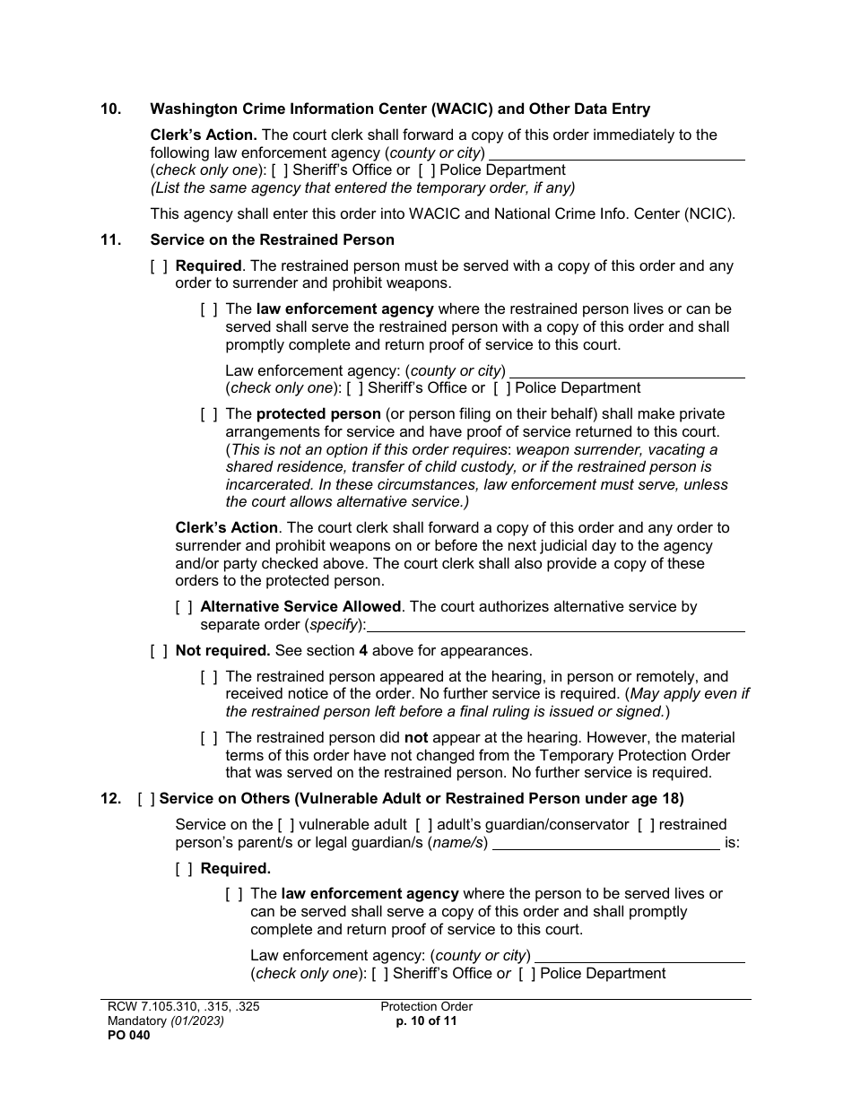 Form PO040 Protection Order - Washington, Page 10