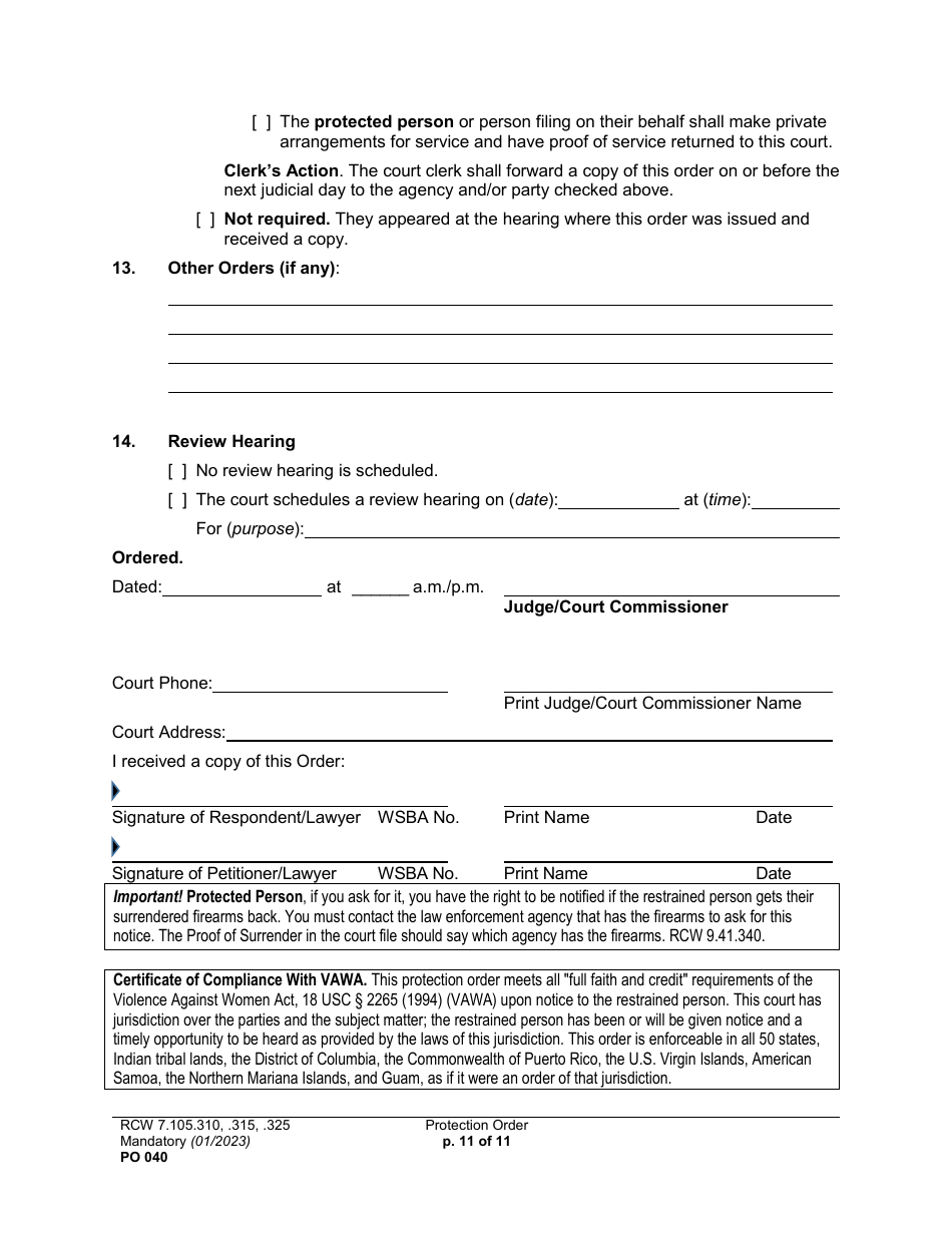 Form PO040 Protection Order - Washington, Page 11