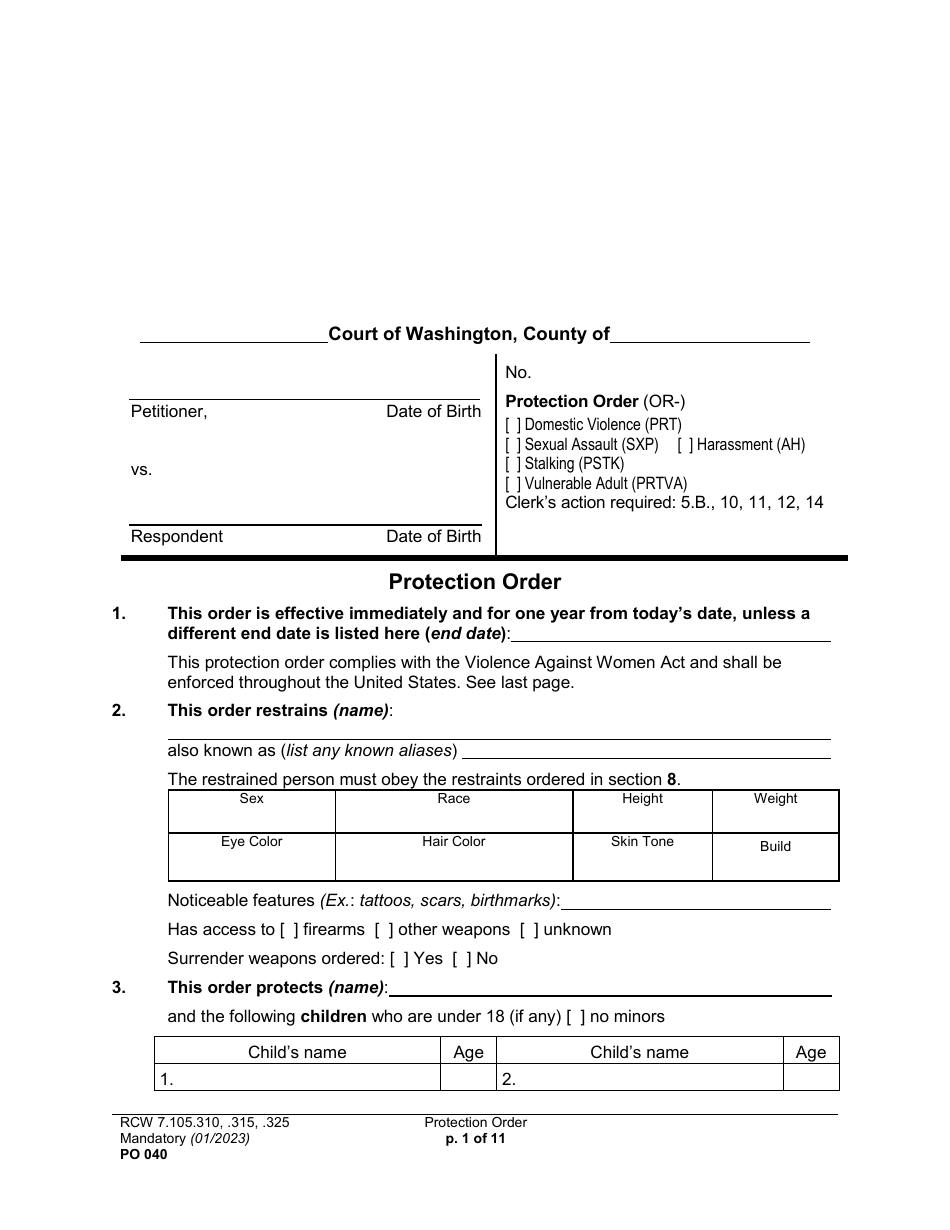 Form PO040 Protection Order - Washington, Page 1