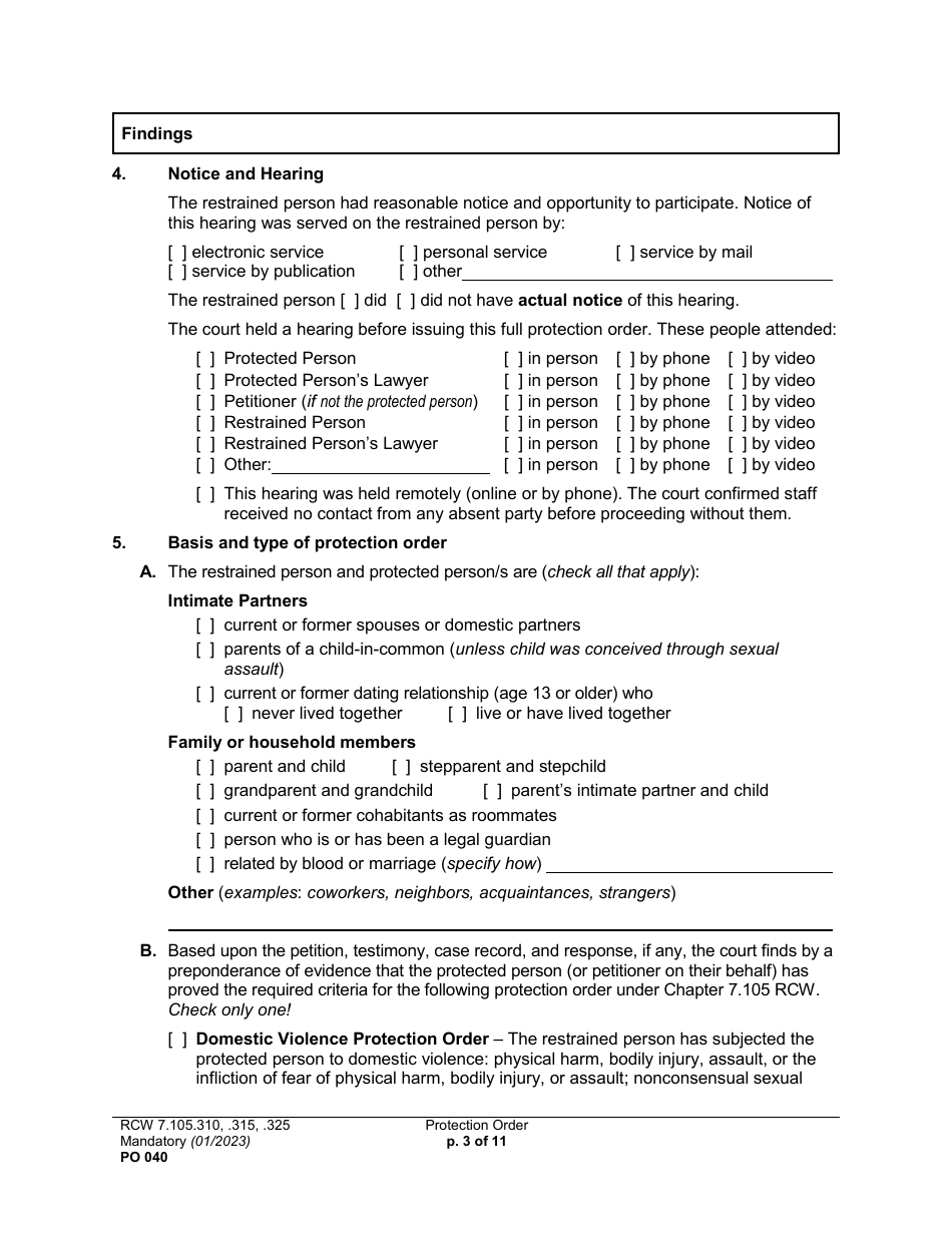 Form PO040 Protection Order - Washington, Page 3