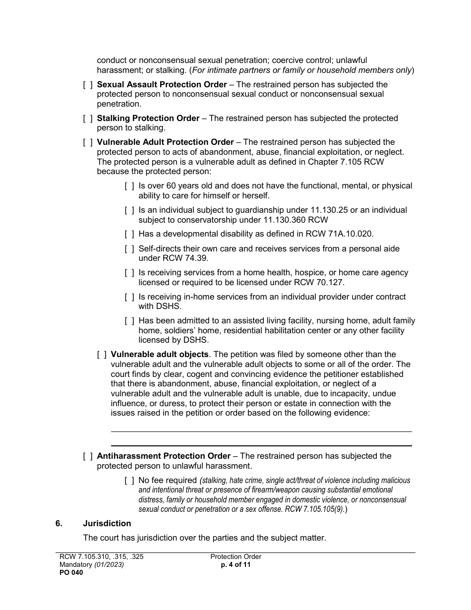 Form PO040 Protection Order - Washington, Page 4