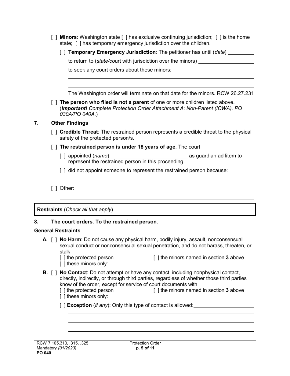 Form PO040 Protection Order - Washington, Page 5