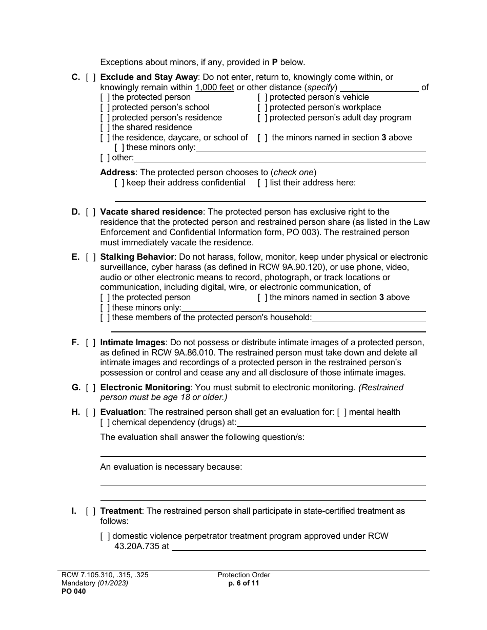 Form PO040 Protection Order - Washington, Page 6