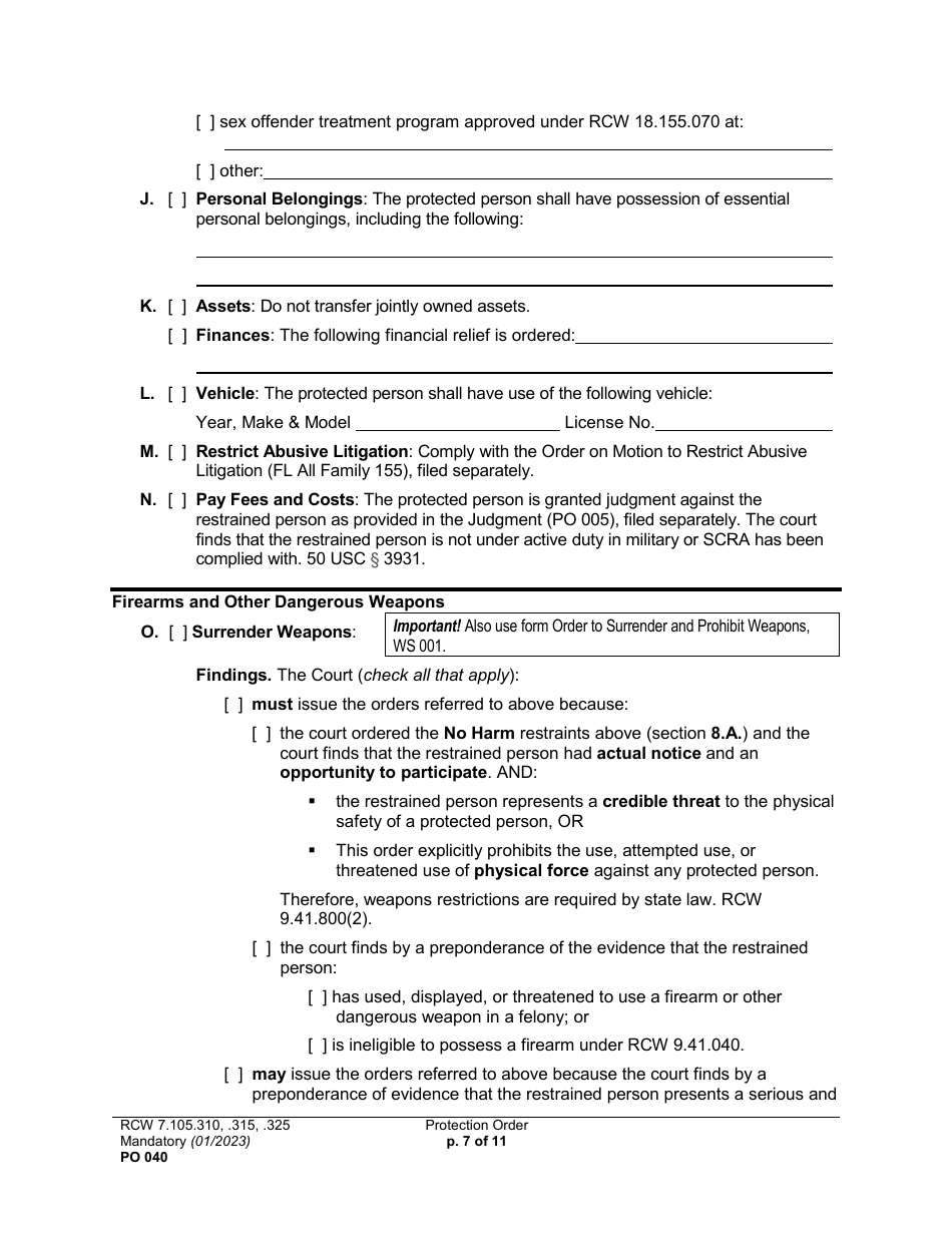 Form PO040 Protection Order - Washington, Page 7