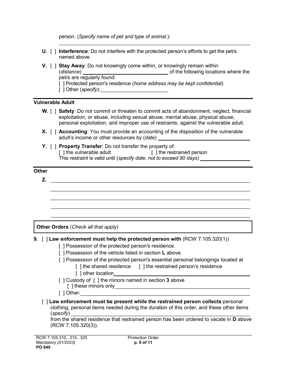 Form PO040 Protection Order - Washington, Page 9