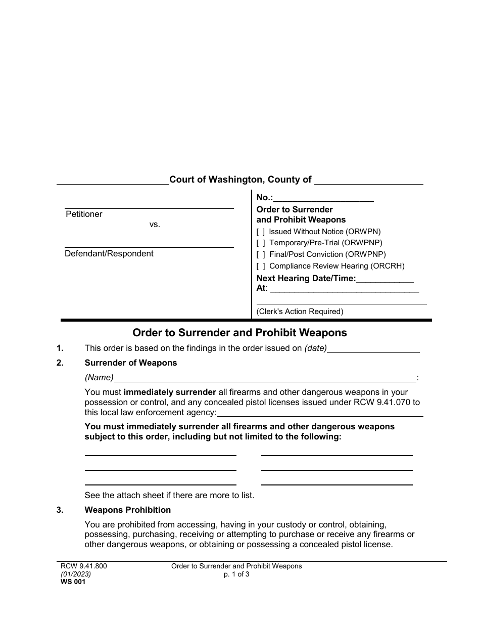 Form WS001 Order to Surrender and Prohibit Weapons - Washington, Page 1