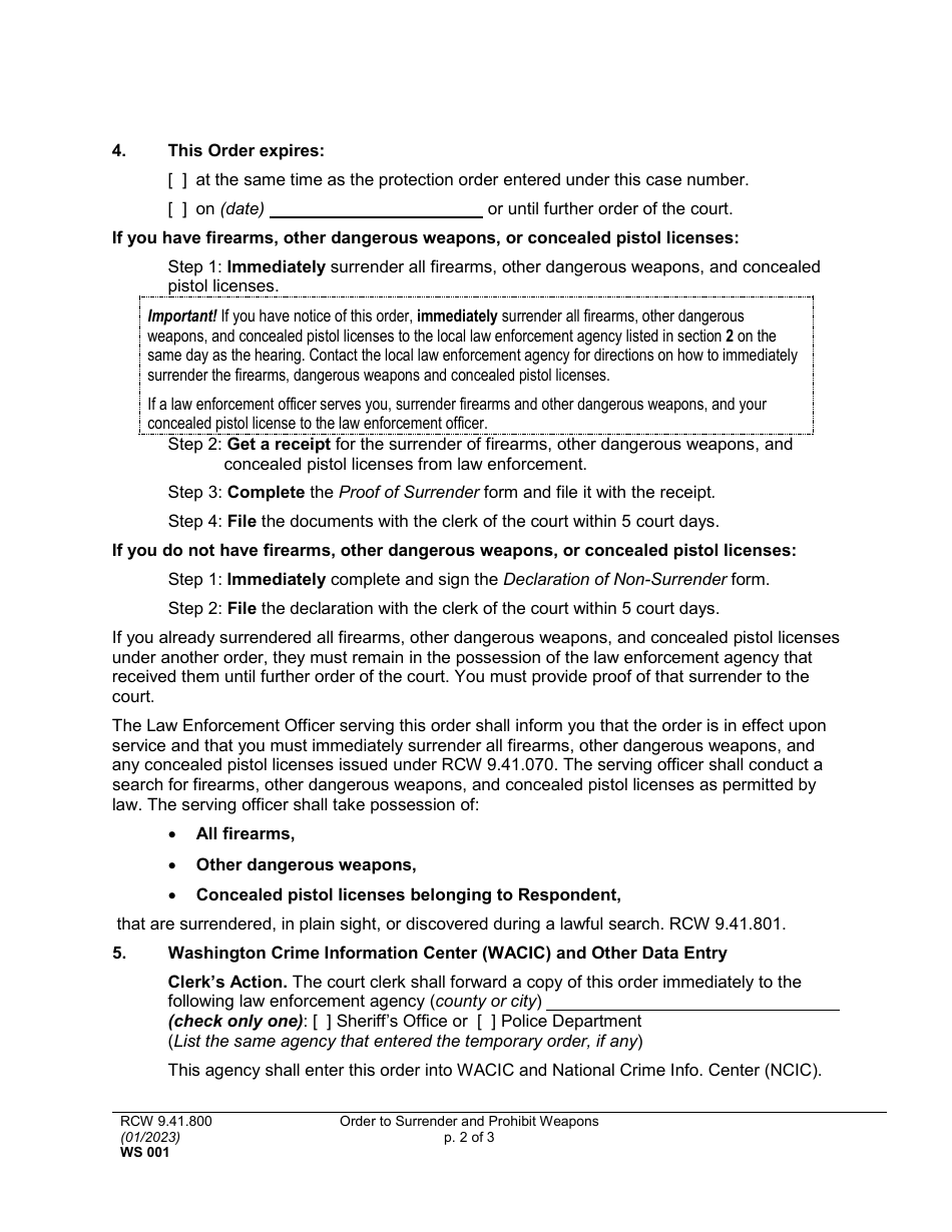 Form WS001 Order to Surrender and Prohibit Weapons - Washington, Page 2