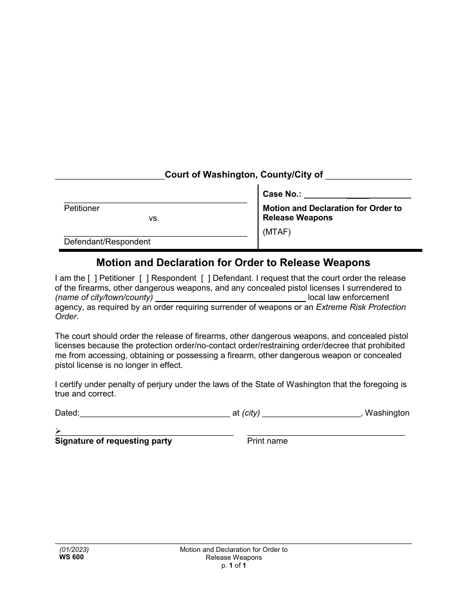 Form WS600 Motion and Declaration for Order to Release Weapons - Washington, Page 1