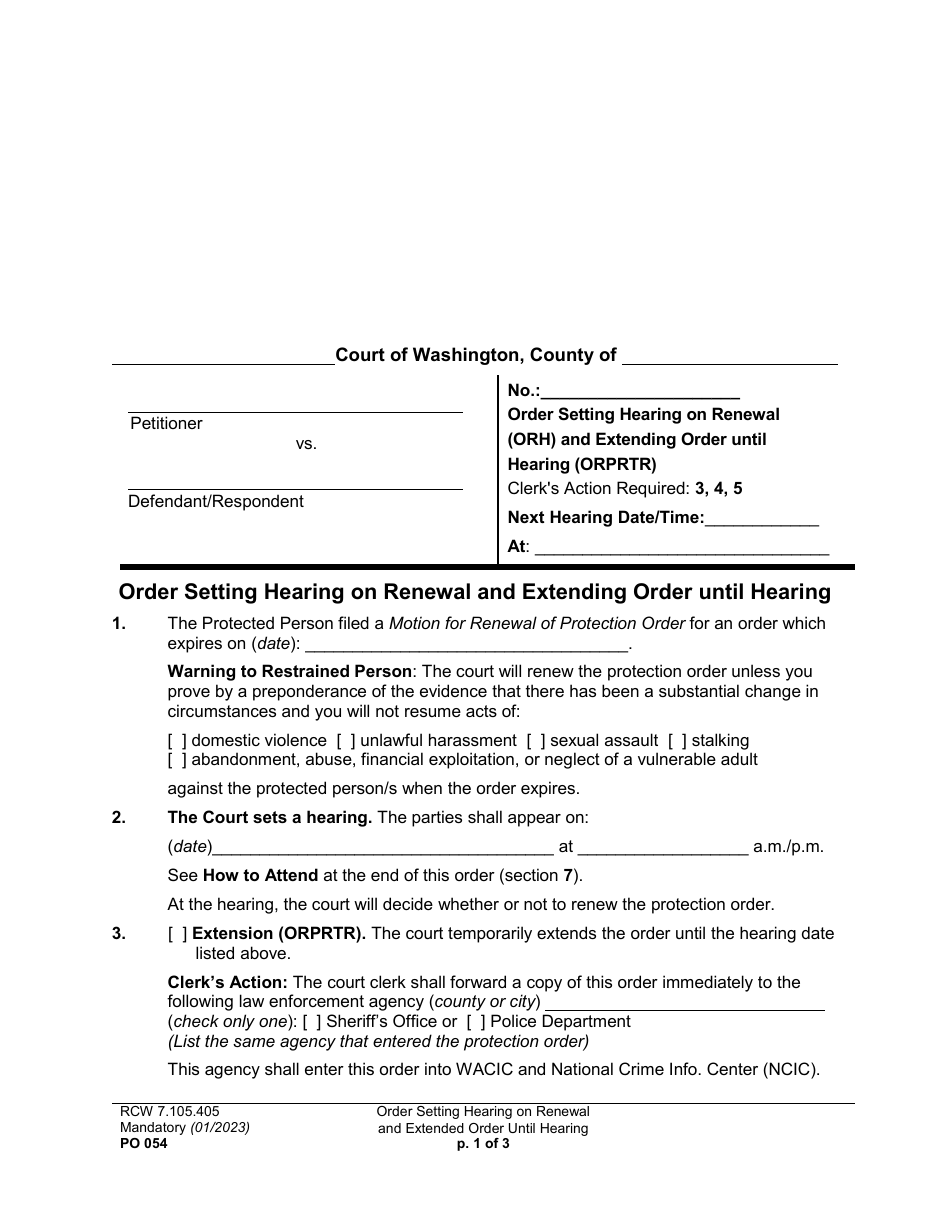 Form PO054 Order Setting Hearing on Renewal and Extending Order Until Hearing - Washington, Page 1
