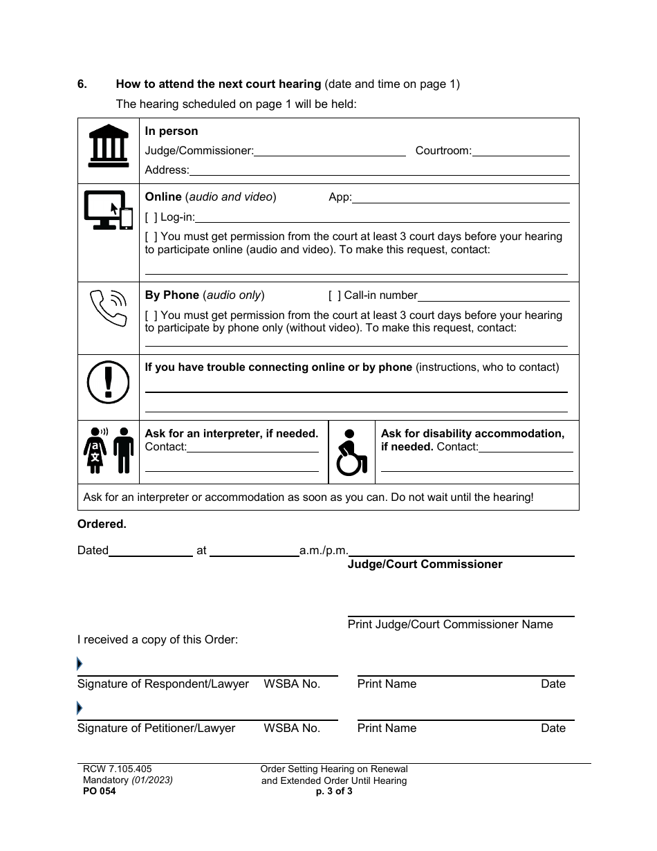 Form PO054 Order Setting Hearing on Renewal and Extending Order Until Hearing - Washington, Page 3