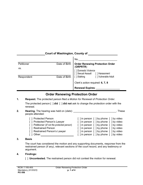 Form PO056 Order Renewing Protection Order - Washington