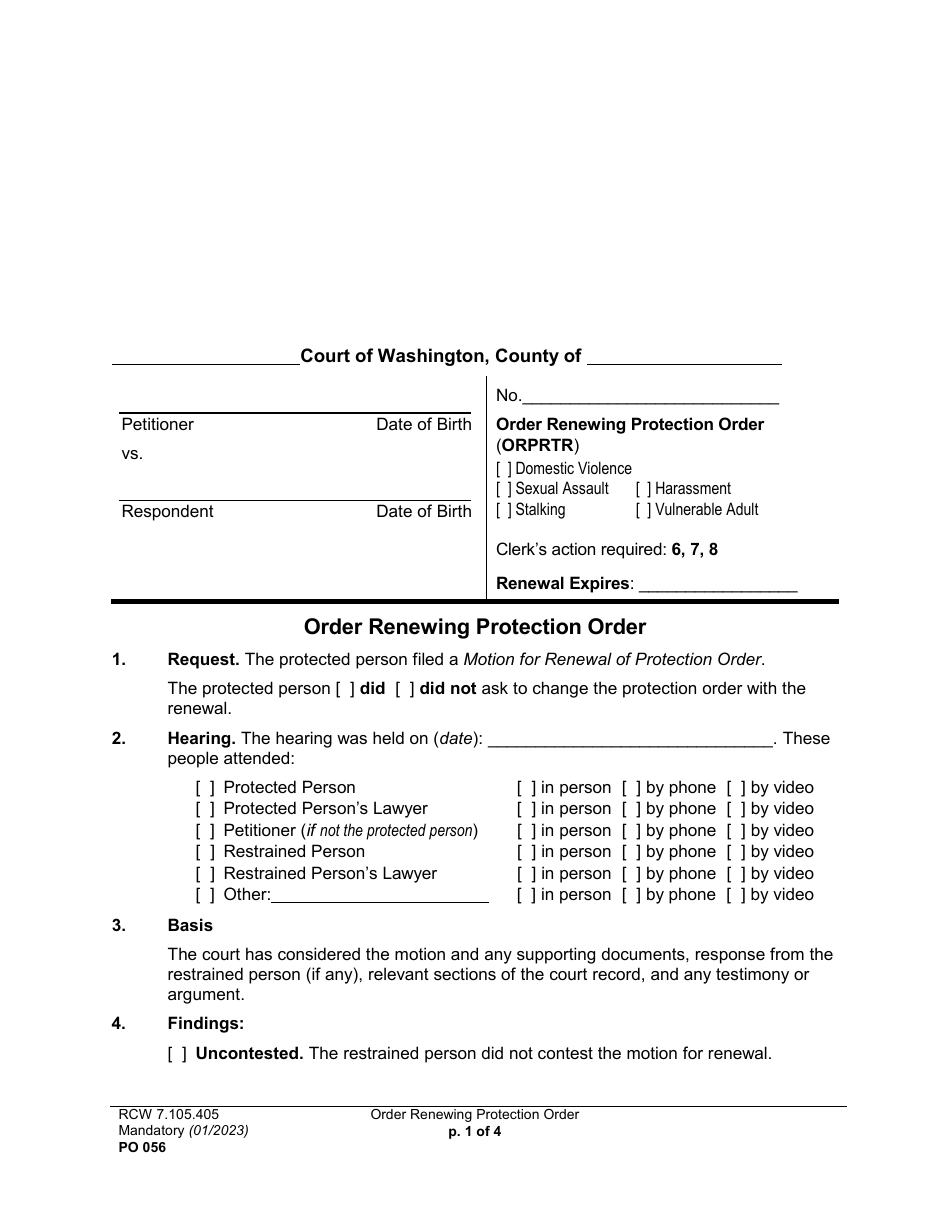 Form PO056 Order Renewing Protection Order - Washington, Page 1