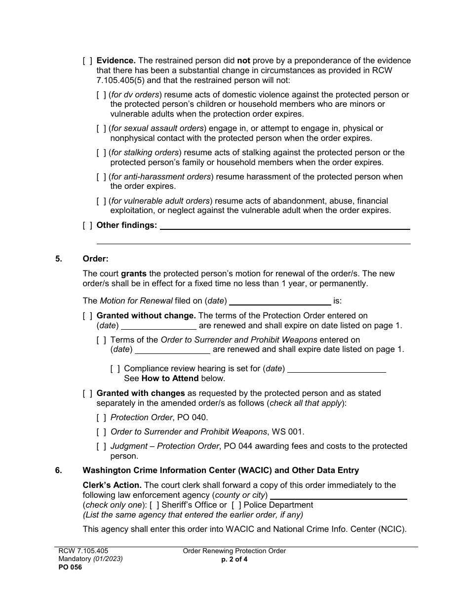 Form PO056 Order Renewing Protection Order - Washington, Page 2