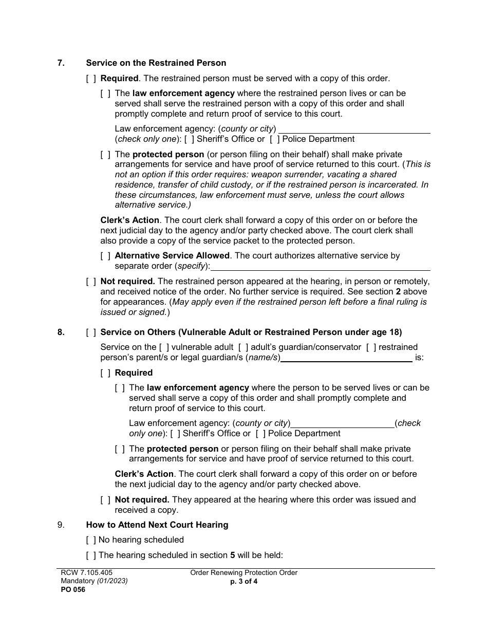 Form PO056 Order Renewing Protection Order - Washington, Page 3