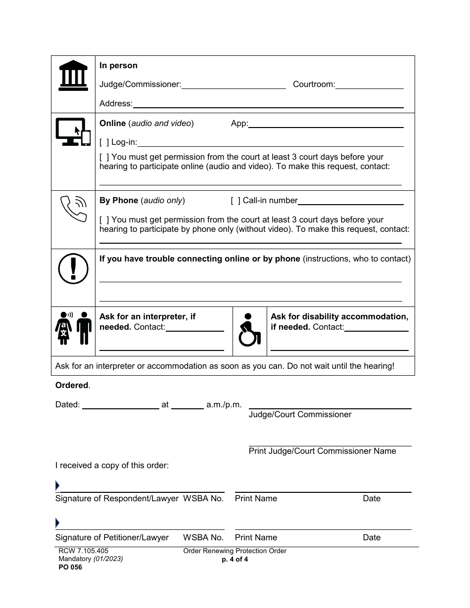 Form PO056 Order Renewing Protection Order - Washington, Page 4