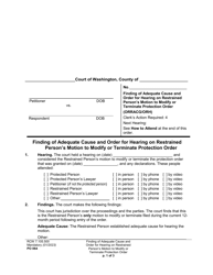 Document preview: Form PO064 Finding of Adequate Cause and Order for Hearing on Restrained Person's Motion to Modify or Terminate Protection Order - Washington