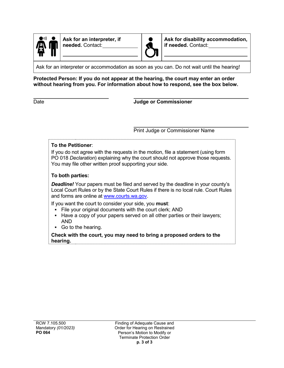 Form PO064 Finding of Adequate Cause and Order for Hearing on Restrained Persons Motion to Modify or Terminate Protection Order - Washington, Page 3