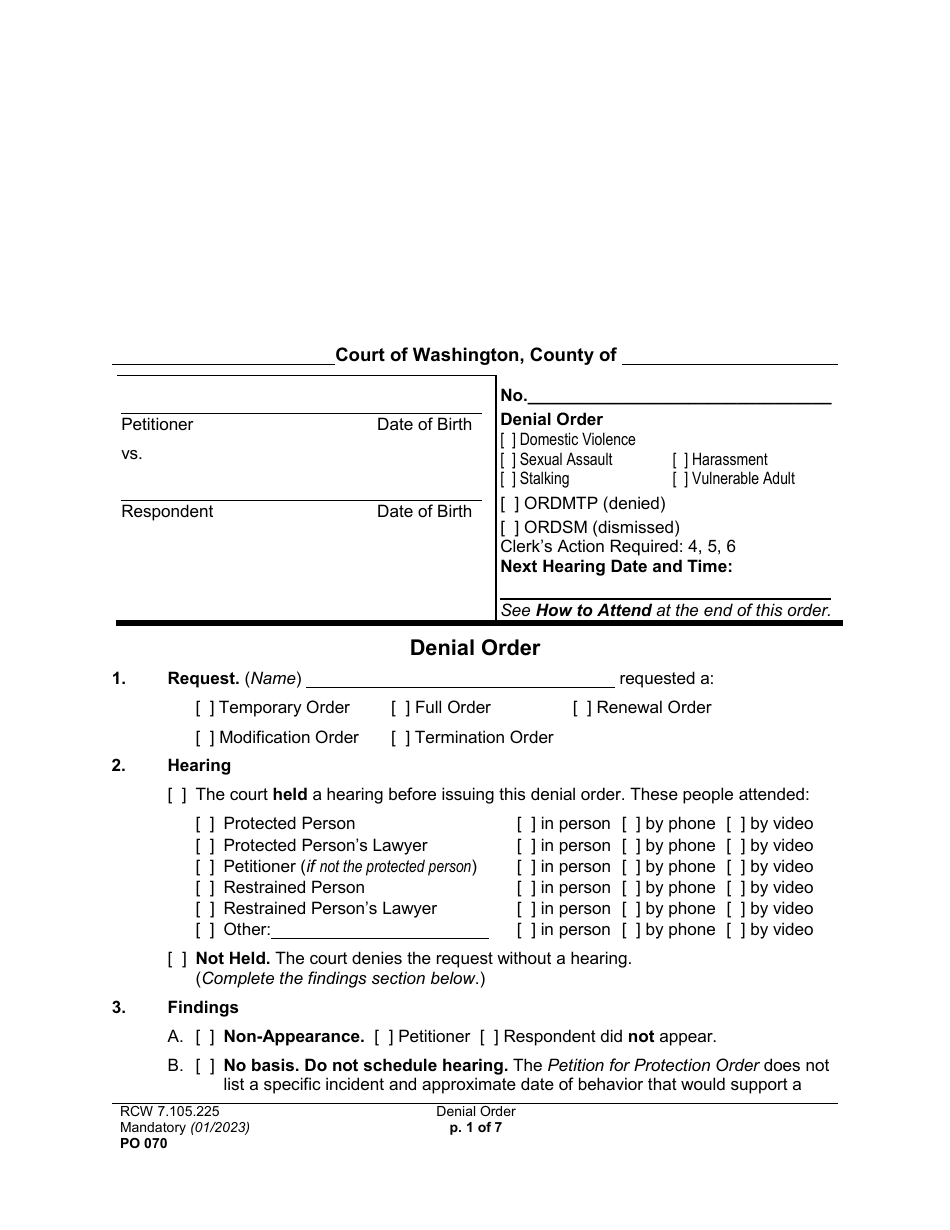 Form PO070 Denial Order - Washington, Page 1