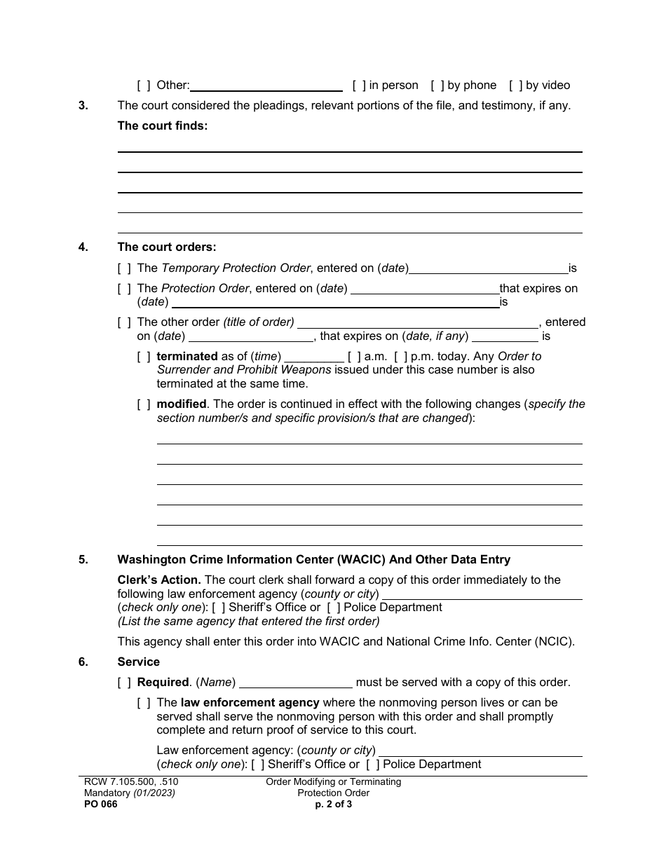Form PO066 Order Modifying or Terminating Protection Order - Washington, Page 2