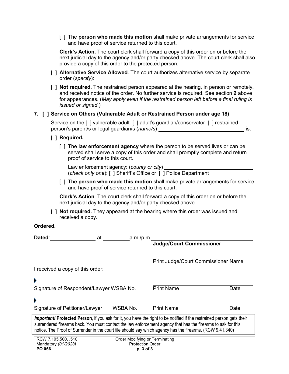 Form PO066 Order Modifying or Terminating Protection Order - Washington, Page 3