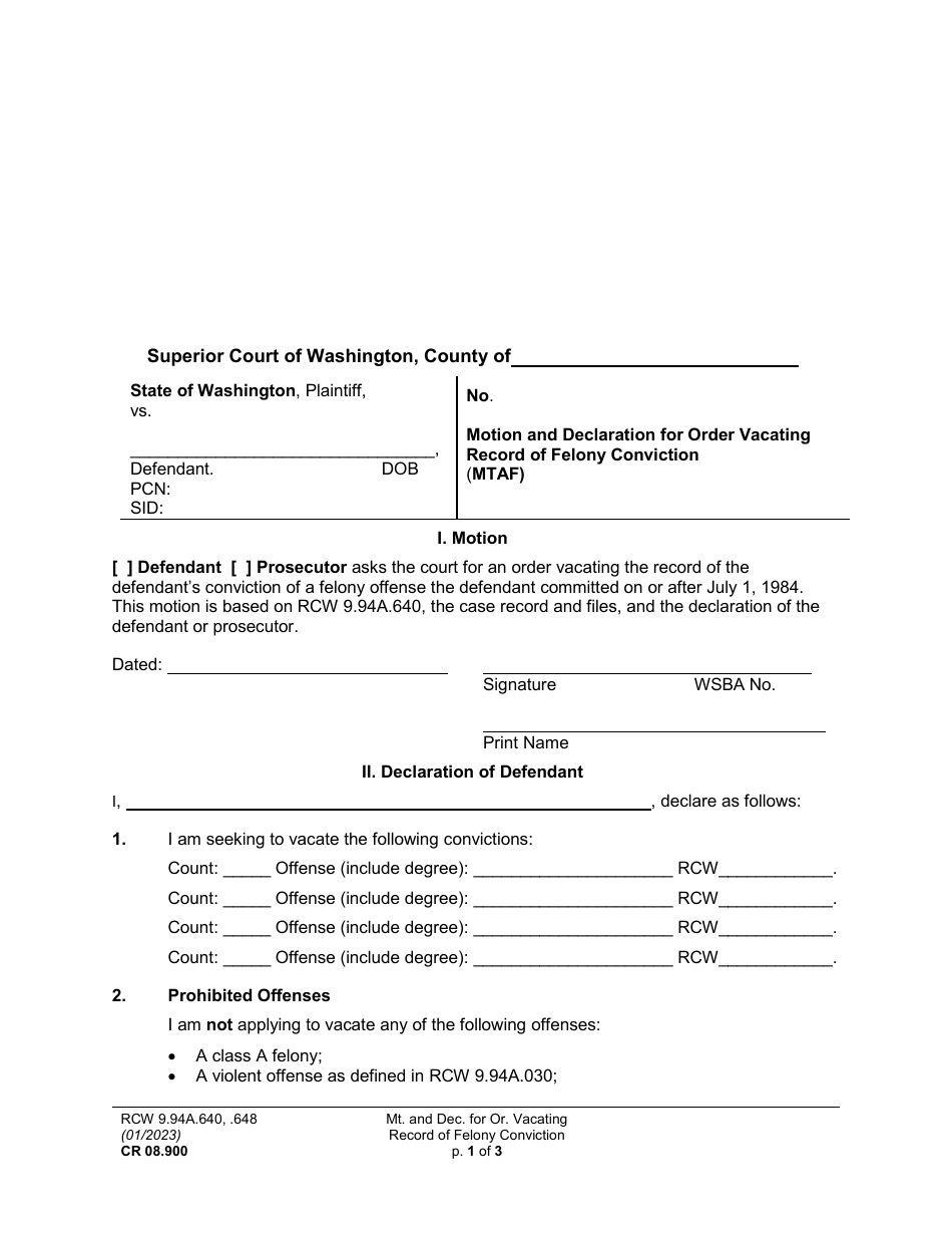 Form CR08.900 Motion and Declaration for Order Vacating Record of Felony Conviction (Mtaf) - Washington, Page 1