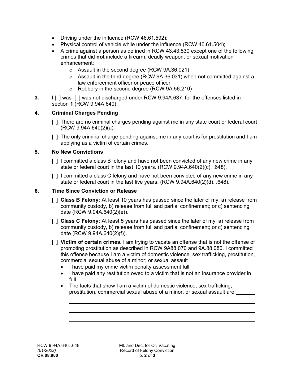 Form CR08.900 Motion and Declaration for Order Vacating Record of Felony Conviction (Mtaf) - Washington, Page 2