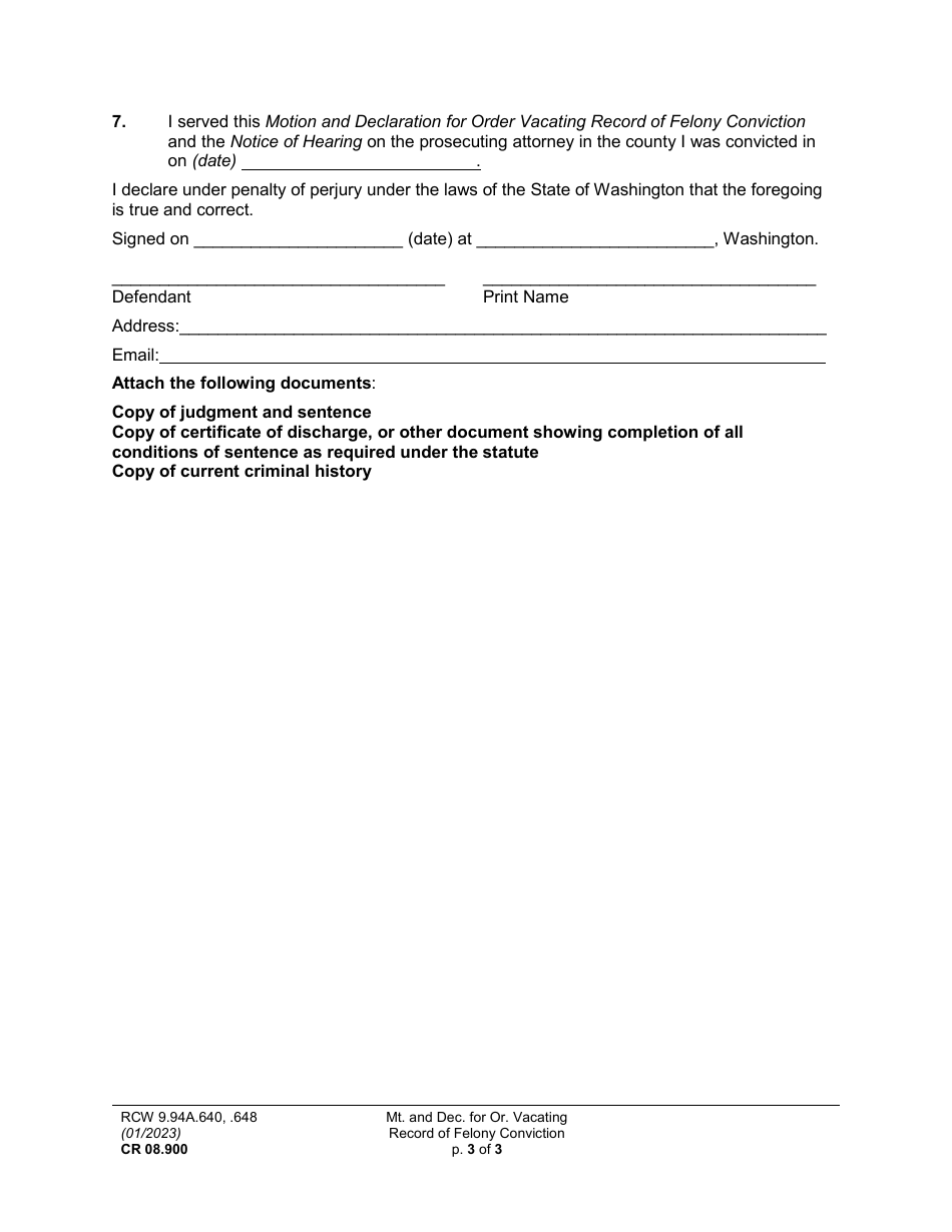 Form CR08.900 Motion and Declaration for Order Vacating Record of Felony Conviction (Mtaf) - Washington, Page 3