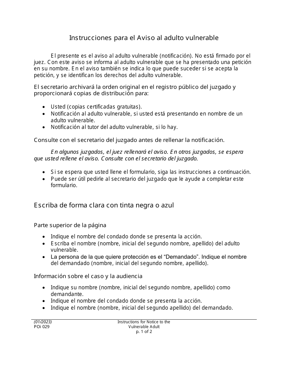 Instrucciones para Formulario PO029 Aviso Al Adulto Vulnerable - Washington (Spanish), Page 1