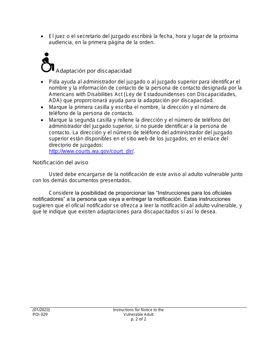 Instrucciones para Formulario PO029 Aviso Al Adulto Vulnerable - Washington (Spanish), Page 2
