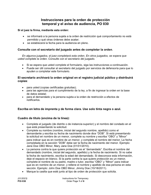 Instrucciones para Formulario PO030 Orden De Proteccion Temporal Y El Aviso De Audiencia - Washington (Spanish)
