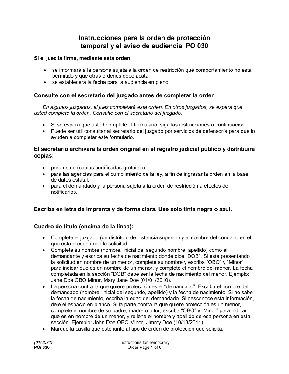 Instrucciones para Formulario PO030 Orden De Proteccion Temporal Y El Aviso De Audiencia - Washington (Spanish), Page 1