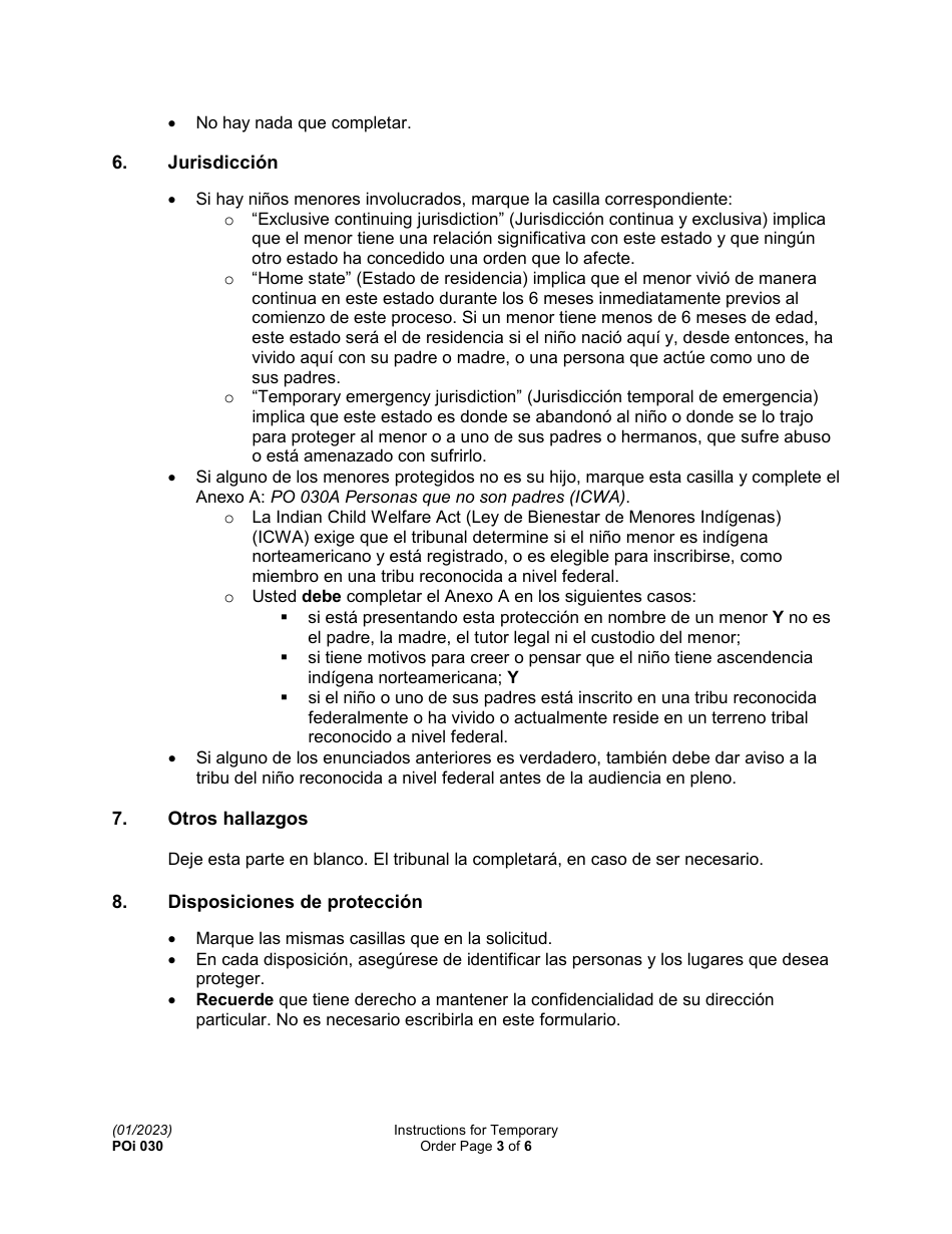 Instrucciones para Formulario PO030 Orden De Proteccion Temporal Y El Aviso De Audiencia - Washington (Spanish), Page 3